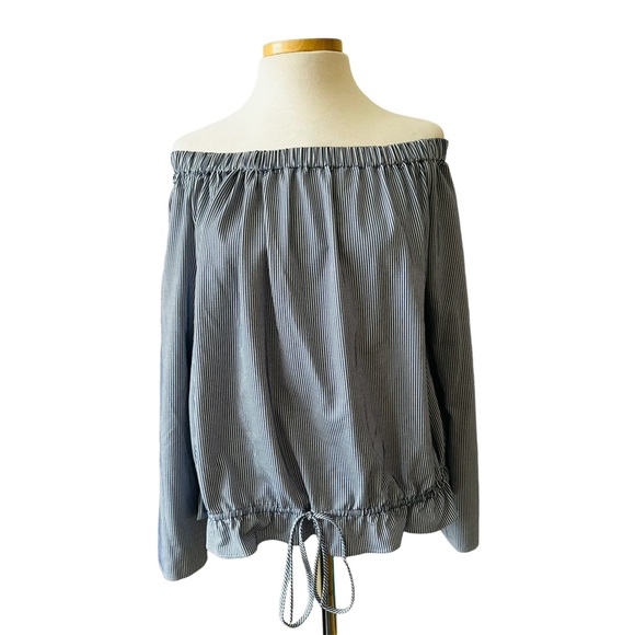 Theory Odettah Stripe OTS Drawstring Waist Long Sleeve Blouse Blue & White Large - Picture 1 of 15
